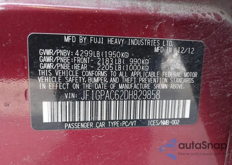 2013 Subaru Impreza 2.0I Premium z USA, uszkodzony, nr VIN JF1GPAC62DH829858